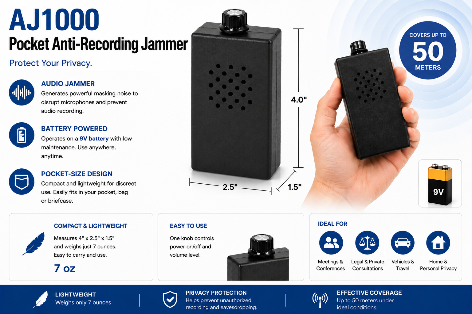 Pokect microphone jamming device with compact pocket-sized design
