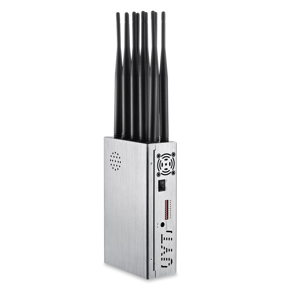 5g signal jammer side view showing aluminum alloy casing and silent fan cooling system