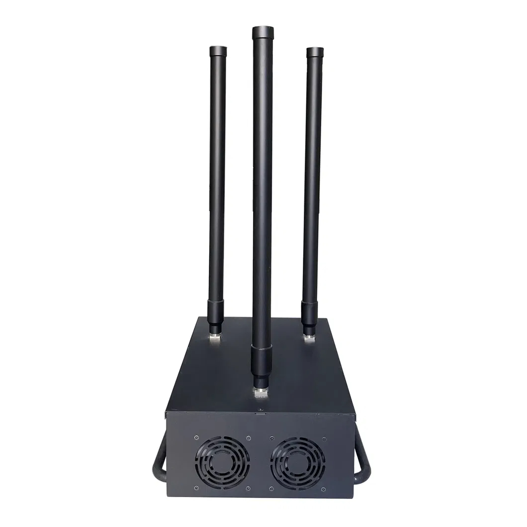 Two large side cooling fans on high-power quadcopter jammer