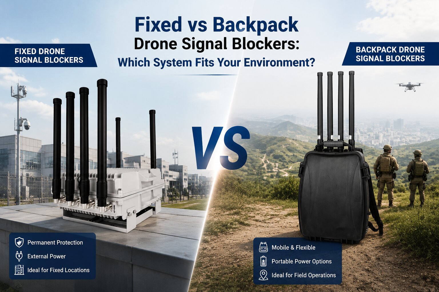 fixed vs backpack drone jammer showing different counter-drone deployment environments