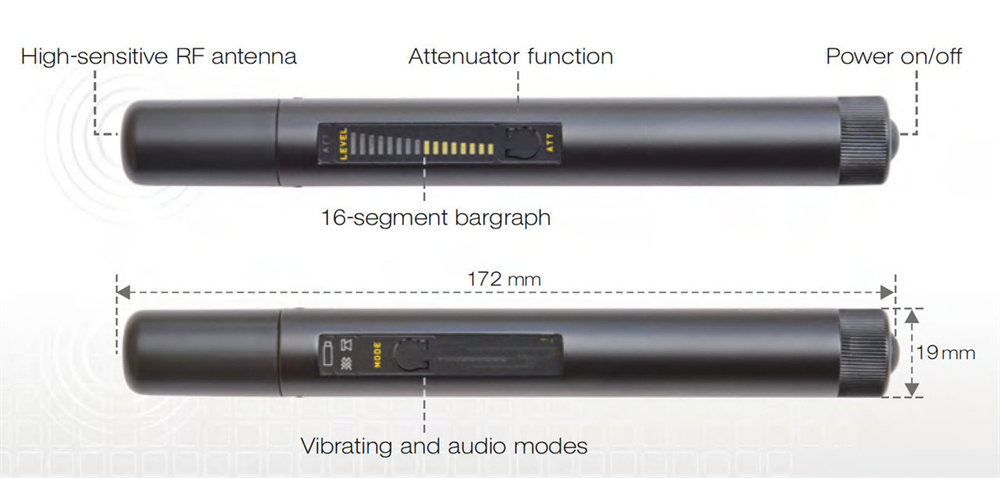 Pen type RF detector with LED signal strength indicator and compact design